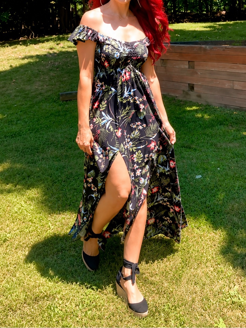 Tropical Floral Off-the-Shoulder Maxi Dress – Fits S–M
